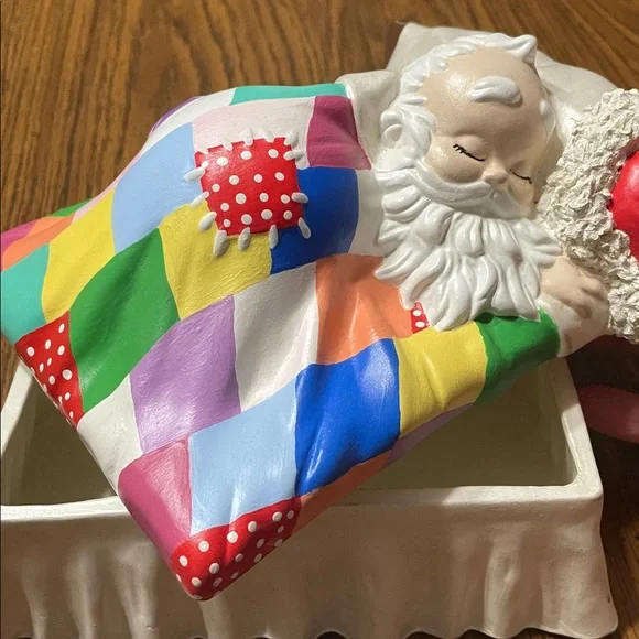 Ceramic Santa Sleeping Under Colorful Quilt Trinket Box with Removable Lid - Picture 4 of 7